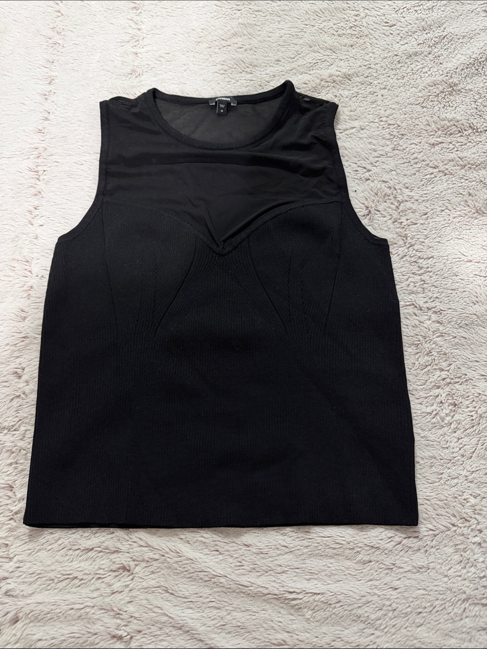Express Black Mesh-Yoke Ribbed Tank Top